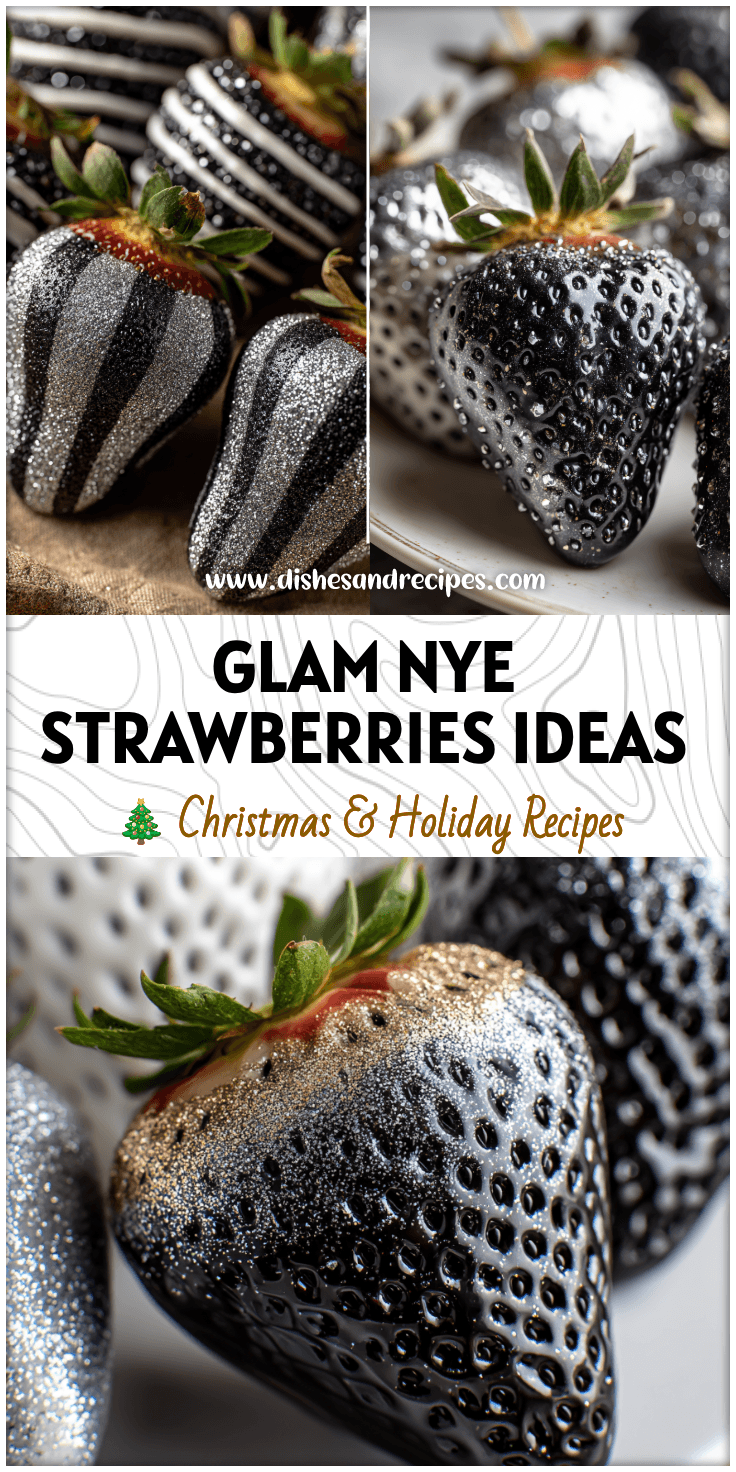 Black and silver New Years Chocolate Covered Strawberries arranged beautifully for a festive New Year’s Eve party.